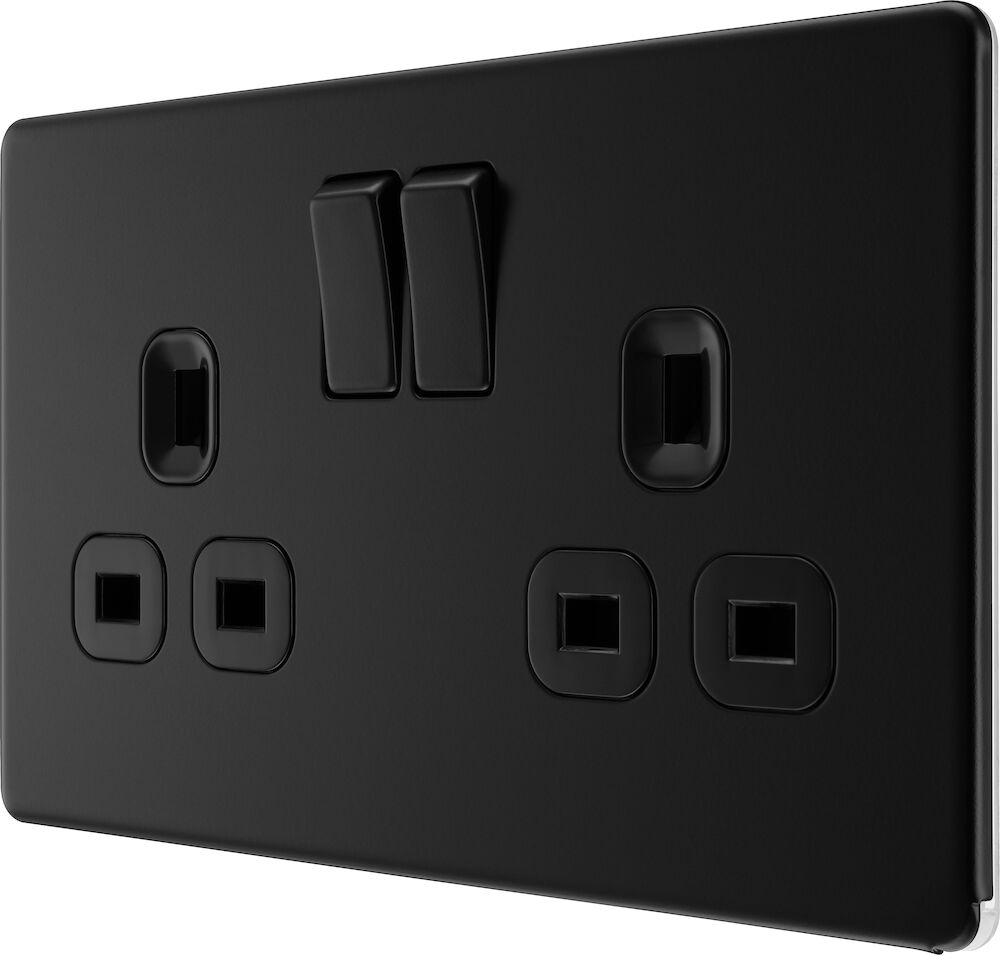 BG Screwless Flatplate Matt Black, 13A 2G Switched Socket, Black Inserts