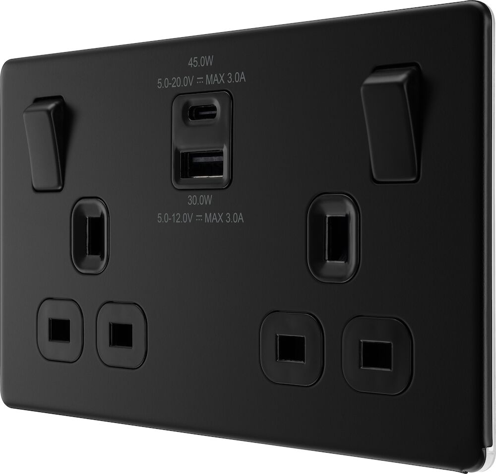 BG Screwless Flatplate Matt Black, 13A 2G Socket with USB A + C 45W, Black Inserts