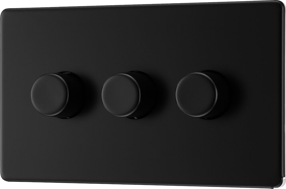 BG Screwless Flatplate Matt Black, 3G Dimmer Switch, 2 Way, Trailing Edge 200W