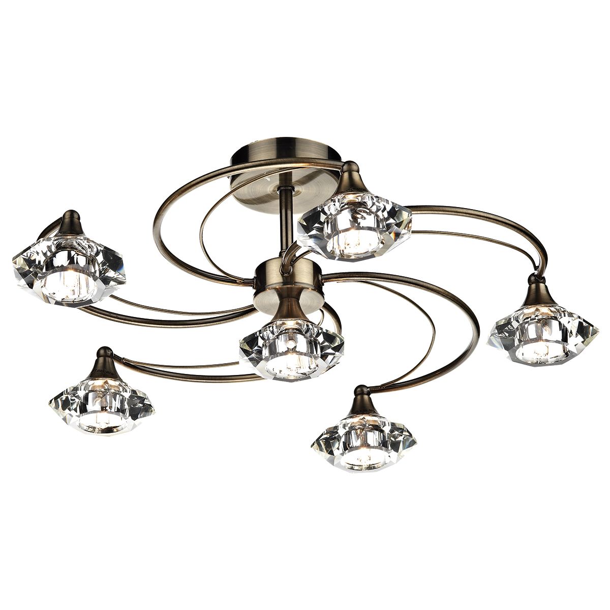 DAR Luther 6 Light Semi Flush Antique Brass Crystal