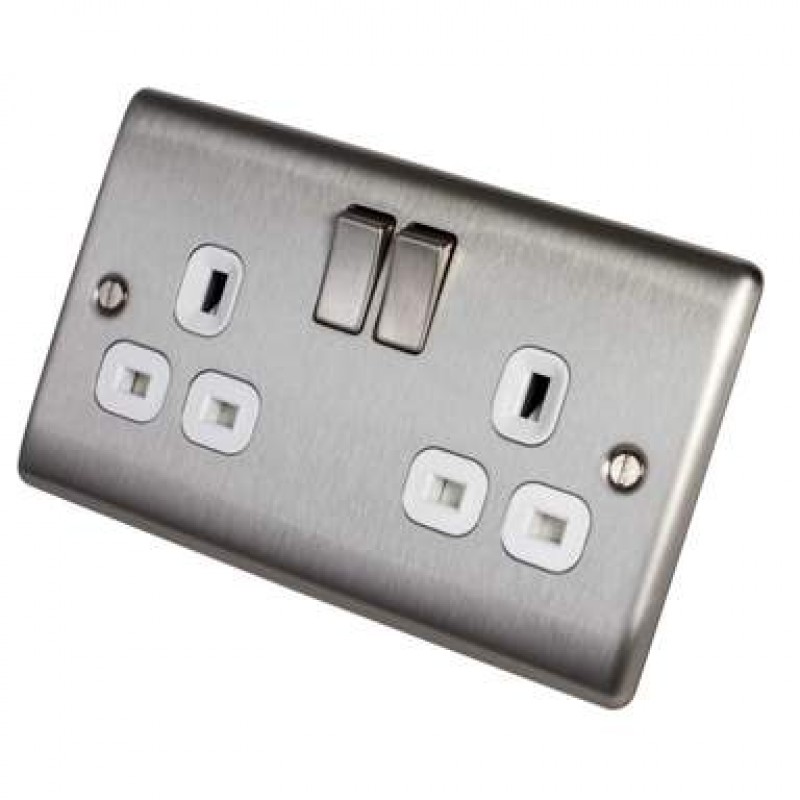 BG Nexus Brushed Steel 2 Gang Socket White Inserts