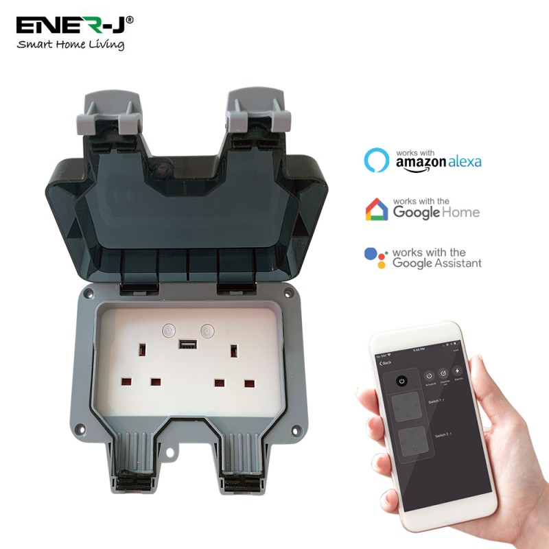 Ener-J Smart WiFi Weatherproof Double Socket With USB