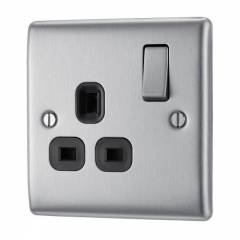 BG Nexus Brushed Steel 1 Gang Socket Black Inserts