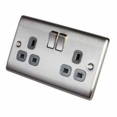 BG Nexus Brushed Steel 2 Gang Socket Grey Inserts