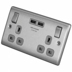 BG Nexus Brushed Steel 2 Gang Socket + USB 3.1A Grey Inserts