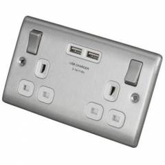 BG Nexus Brushed Steel 2 Gang Socket + USB 3.1A White Inserts